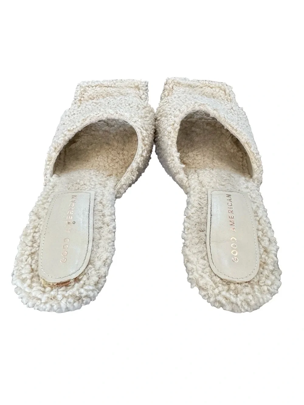 Good American Cream Sherpa Mule Heels Size 10